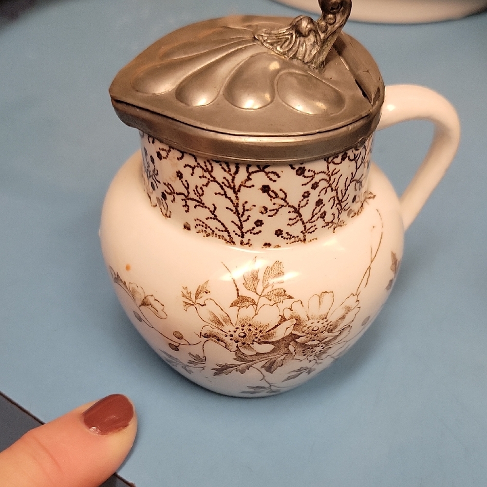 Brown Rare Transferware Creamer Pitcher with Lid